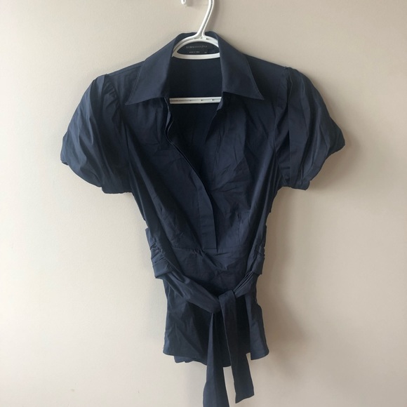 BCBG MaxAzria Front Tie Navy Blue Work Top - Picture 2 of 4